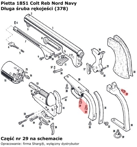 Długa śruba rękojeści 1851 Colt Navy, 1860 Colt Army, 1861 Navy, 1858 Remington (378) Długa śruba rękojeści 1851 Colt Navy, 1860 Colt Army, 1861 Navy, 1858 Remington (378)