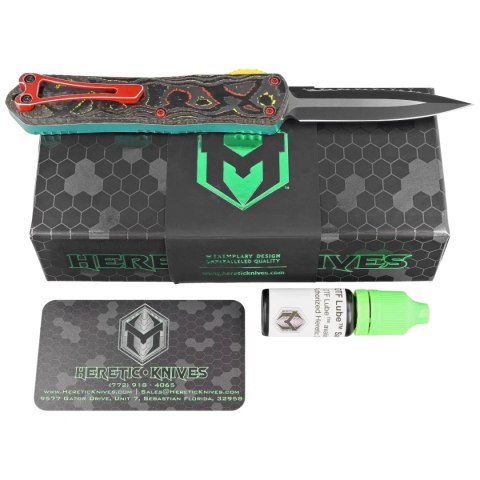 Nóż automatyczny OTF Heretic Manticore E Bounty Hunter D/E Green Distressed Aluminium / Camo Carbon, P/S Black DLC/Satin MagnaCu Nóż automatyczny OTF Heretic Manticore E Bounty Hunter D/E Green Distressed Aluminium / Camo Carbon, P/S Black DLC/Satin MagnaCu